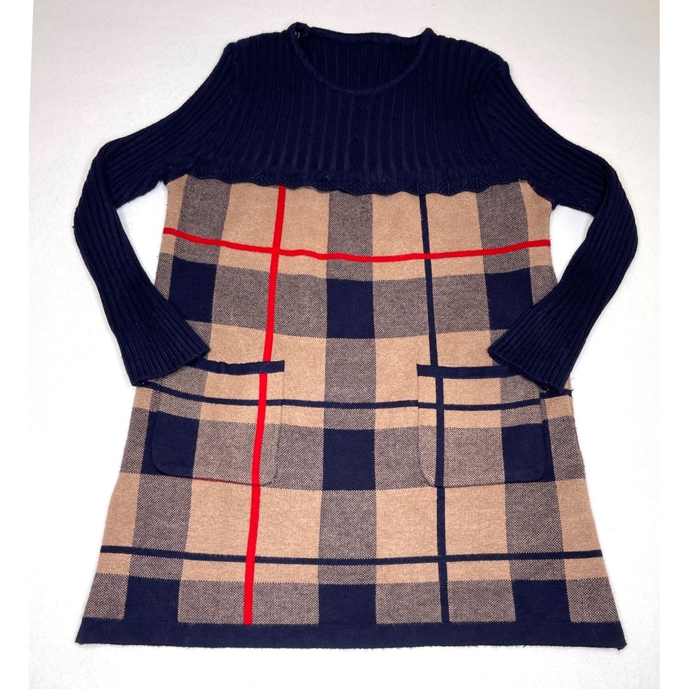 Women Sweater Tunic Dress Plaid Ribbed Knit Small Navy Tan
